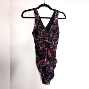 Eddie Bauer Ruched Shaping Black and Pink Floral Swimsuit Medium